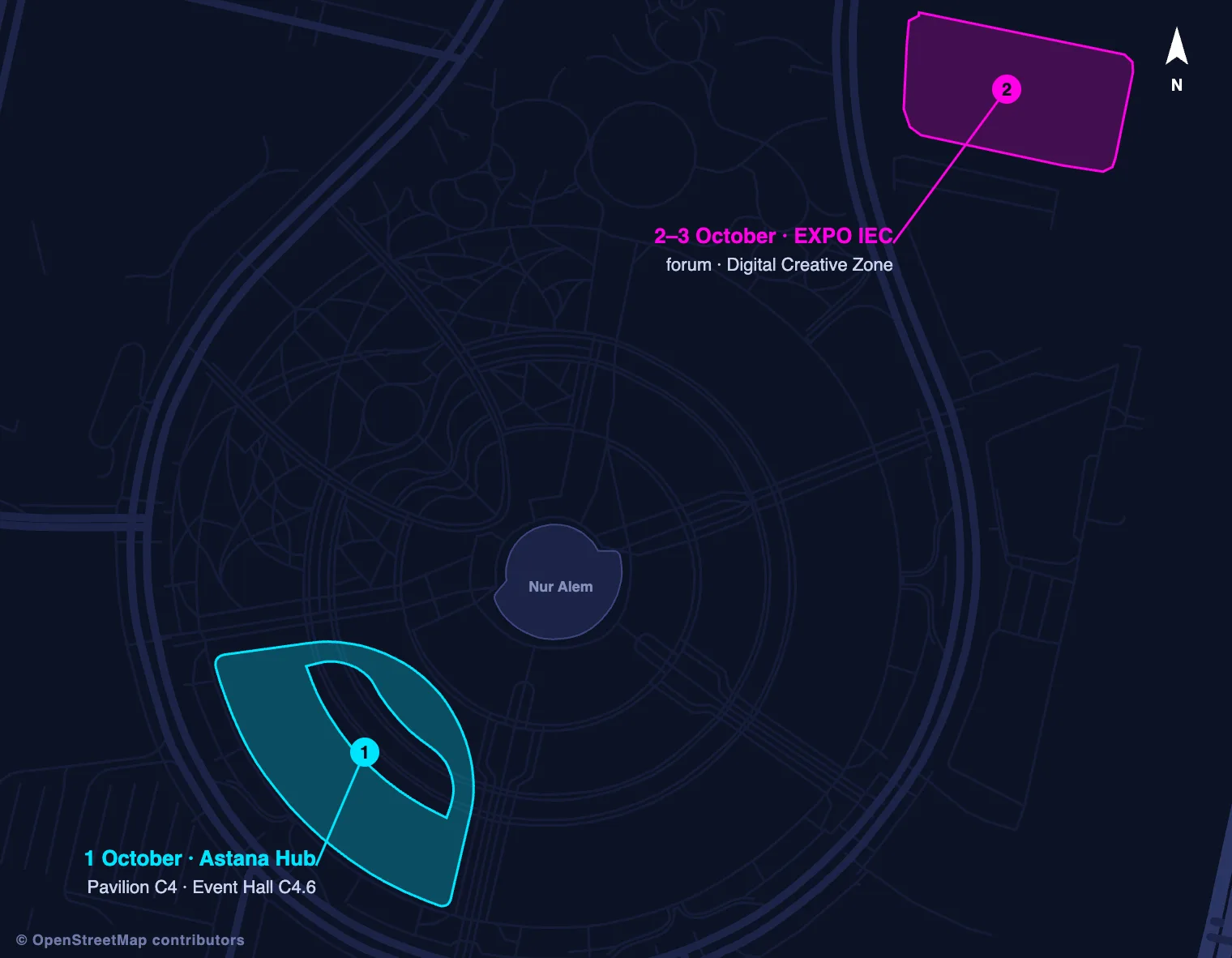 EXPO complex, Astana: ① Astana Hub, pavilion C4 · ② EXPO IEC, forum hall. © OpenStreetMap contributors